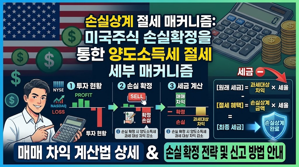 미국주식 투자현황, 손실 확정(SELL), 세금 계산 단계별 절차와 세금 계산 공식이 표시된 인포그래픽 이미지로, 손실상계 매커니즘을 통한 양도소득세 절세 절차와 세부 전략을 설명하는 이미지