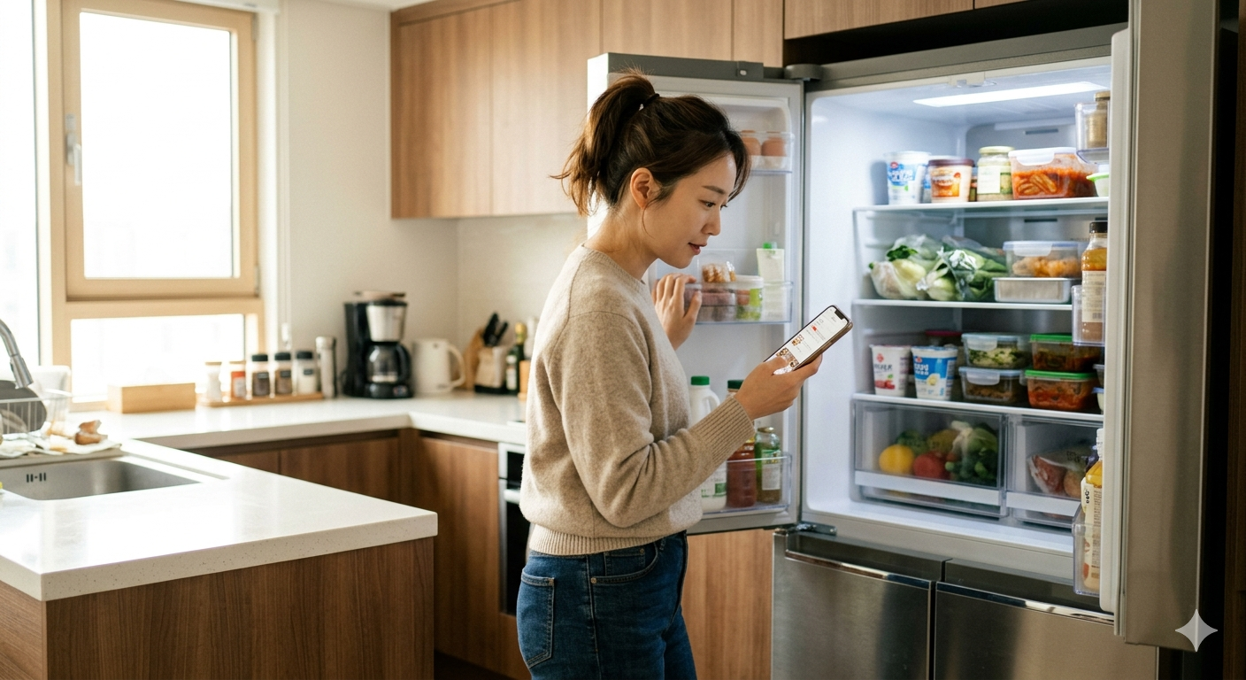 냉장고 문을 열고 안을 들여다보다가 스마트폰으로 배달 앱을 여는 사람의 모습