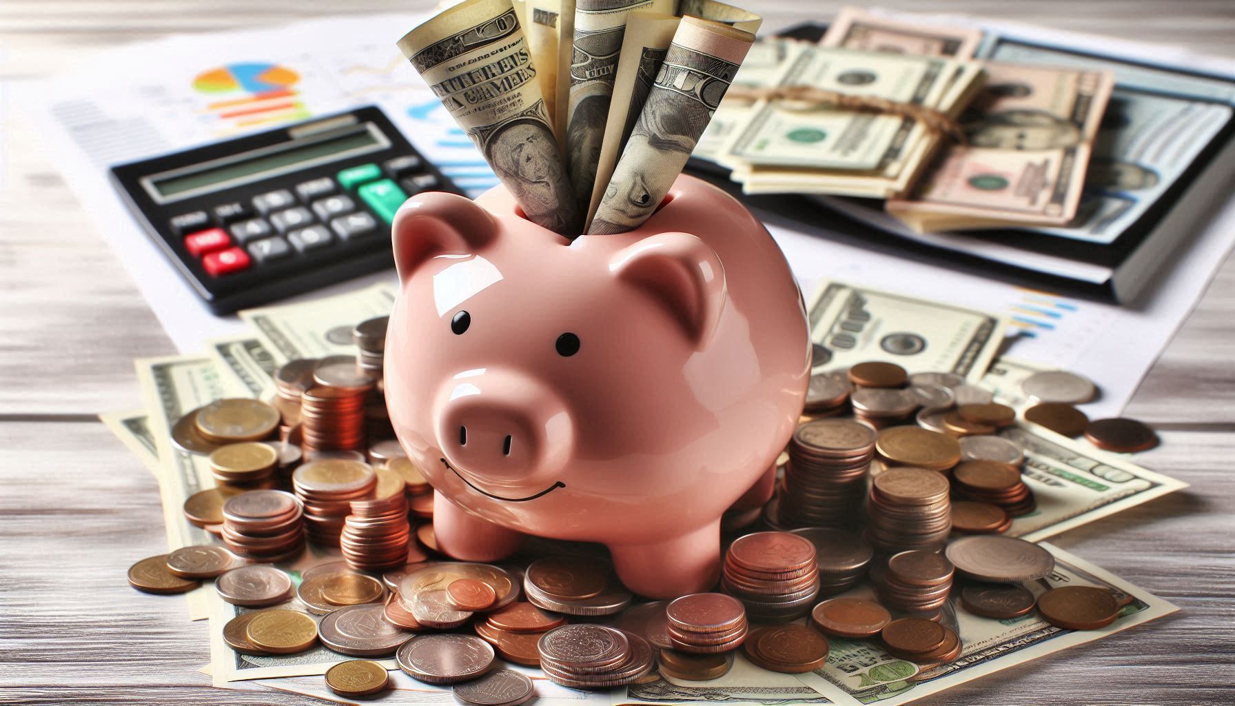 A piggy bank overflowing with coins and banknotes, representing successful saving and investment