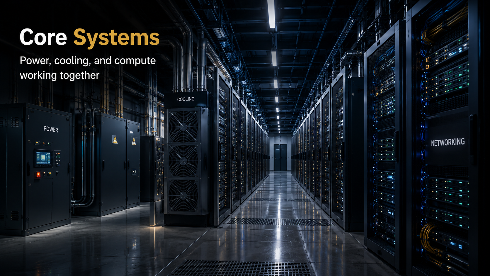 Modern data center interior with server racks, power infrastructure, cooling systems, and high-speed networking equipment.