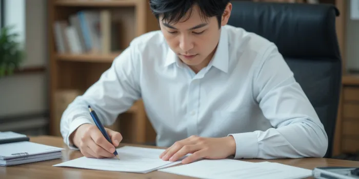 책상 위에서 정책자금 신청서를 작성 중인 소상공인의 모습