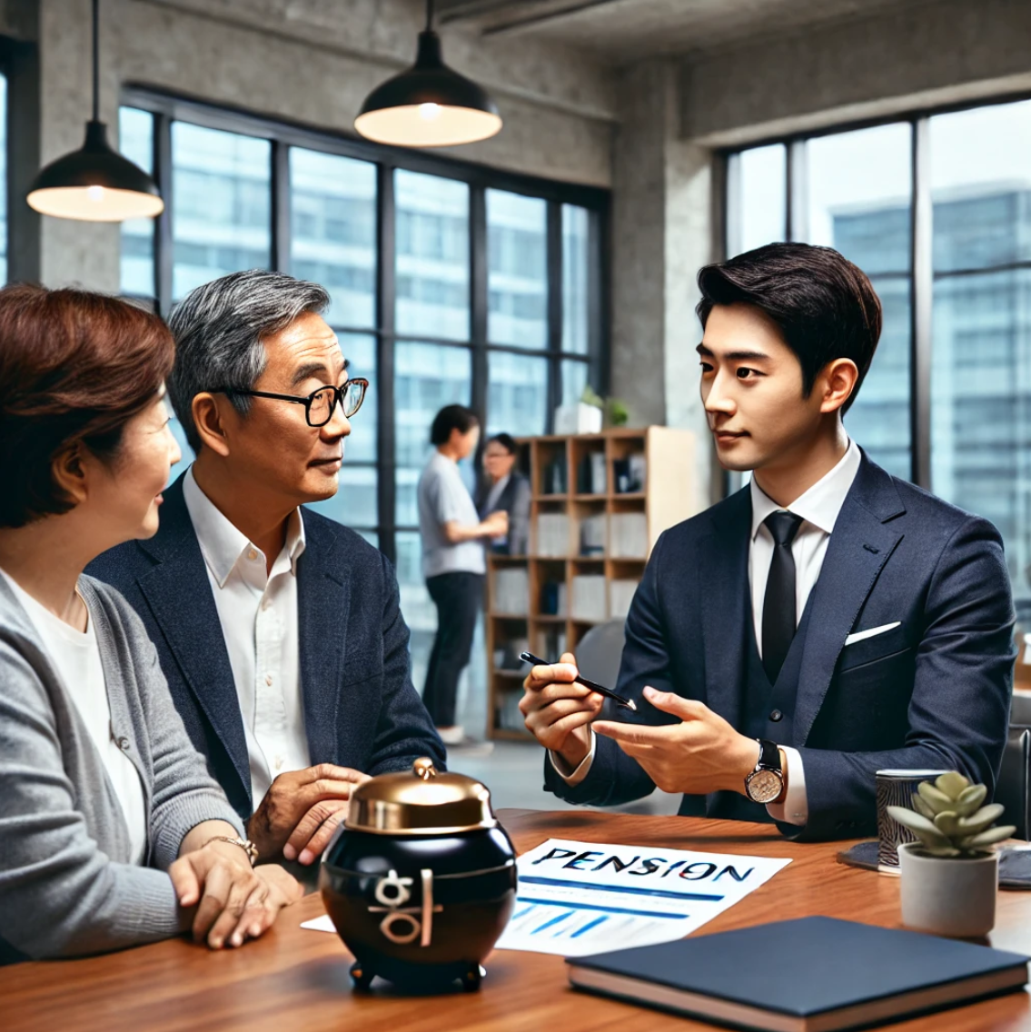 서울의 현대적인 사무실에서 한국인 재정 상담사가 중년 부부에게 연금 계획을 설명하는 모습