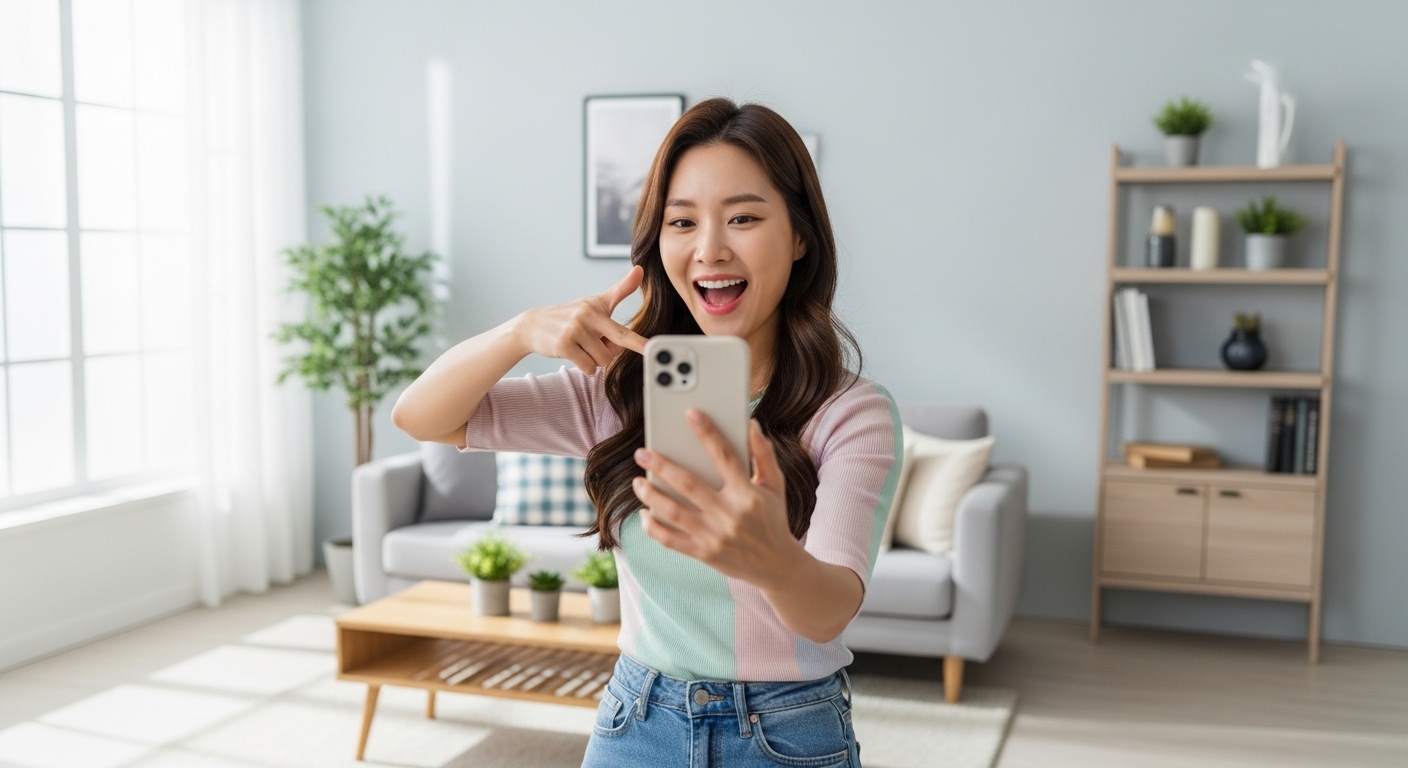 스마트폰으로 인스타그램 릴스를 촬영하며 활기차게 소통하는 한국 여성