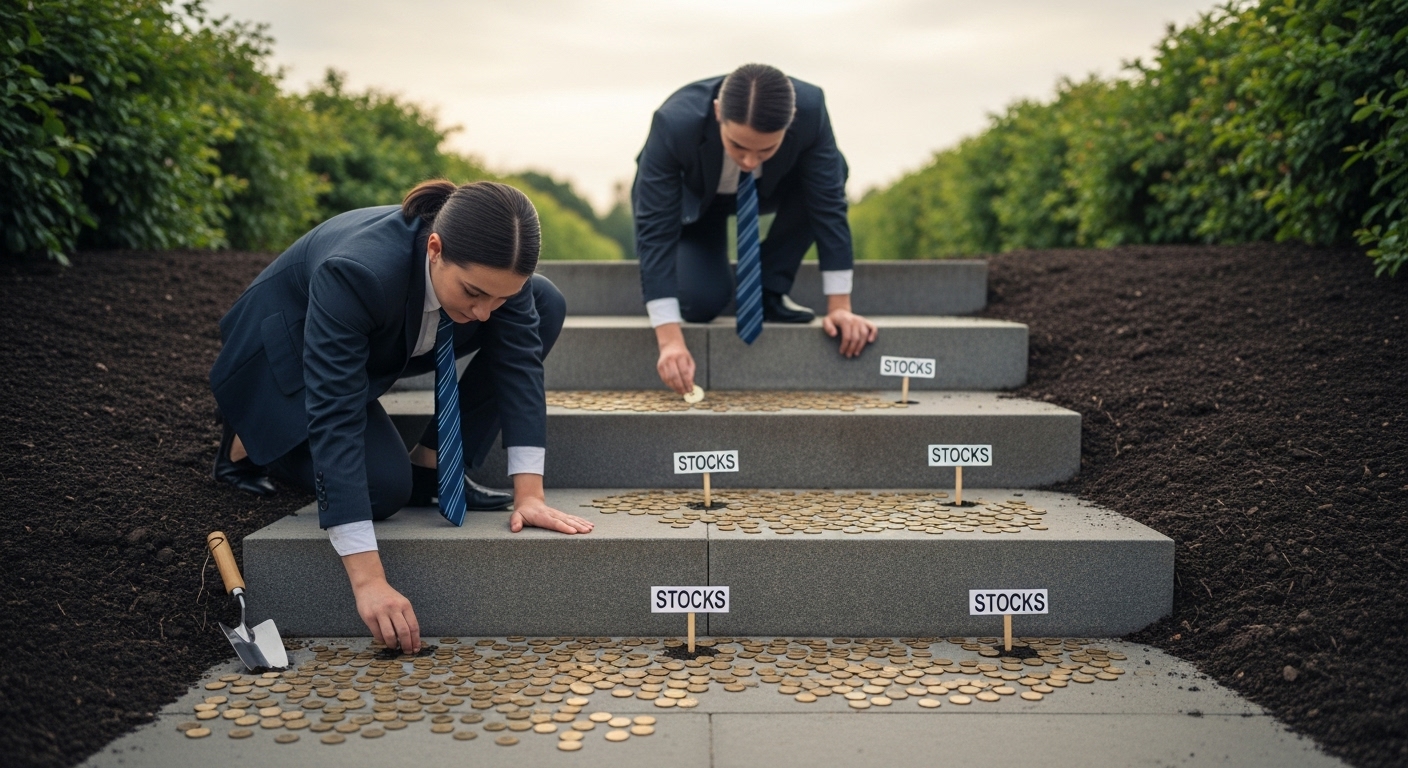 Three steps, with an investor planting seeds (stocks) on each step. The lower the step, the more seeds are being planted (increasing weight).