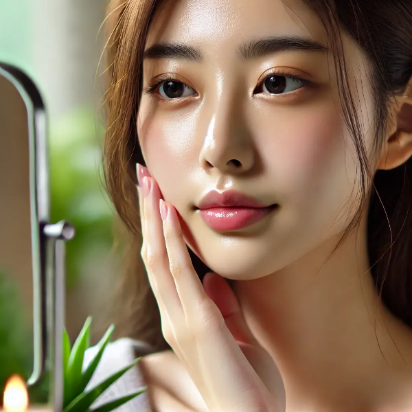 피부 염증 완화를 위해 뺨을 부드럽게 만지는 동양인 여성의 모습