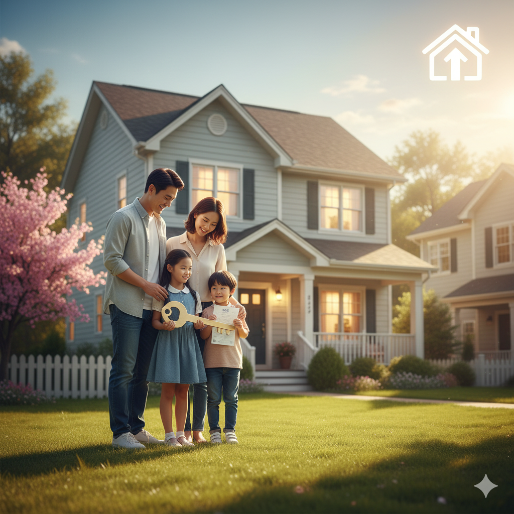 화창한 날, 예쁜 집 앞 잔디밭에 서 있는 젊은 부부와 두 아이의 단란한 가족 모습. 아이들은 커다란 열쇠 모양의 오브제와 'MY HOME'이라고 쓰인 종이 집을 들고 활짝 웃고 있다. 가족 뒤로는 분홍색 벚꽃나무가 보이고, 햇살이 부드럽게 비추는 전원주택이 자리하고 있으며, 오른쪽 상단에는 '집' 모양의 화살표 아이콘이 떠 있다. 내 집 마련의 꿈과 행복한 미래를 상징하는 이미지이다