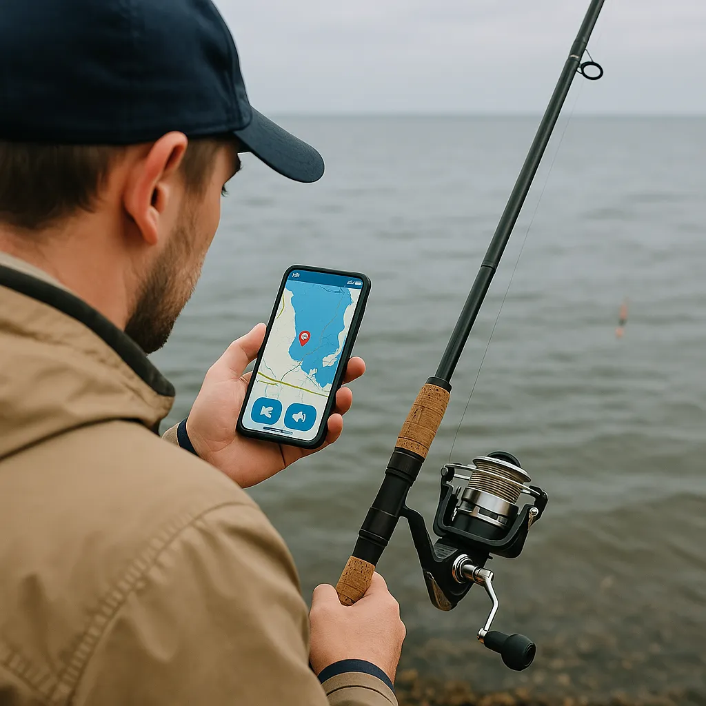 스마트폰으로 낚시 포인트를 확인하며 바닷가에서 낚시를 준비하는 모습
