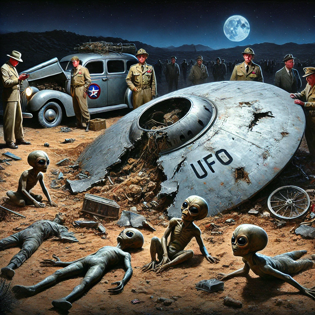 커다란 쟁반 모양의 부셔진 UFO 근처를 미군들이 둘러싸고 있는 모습입니다.
