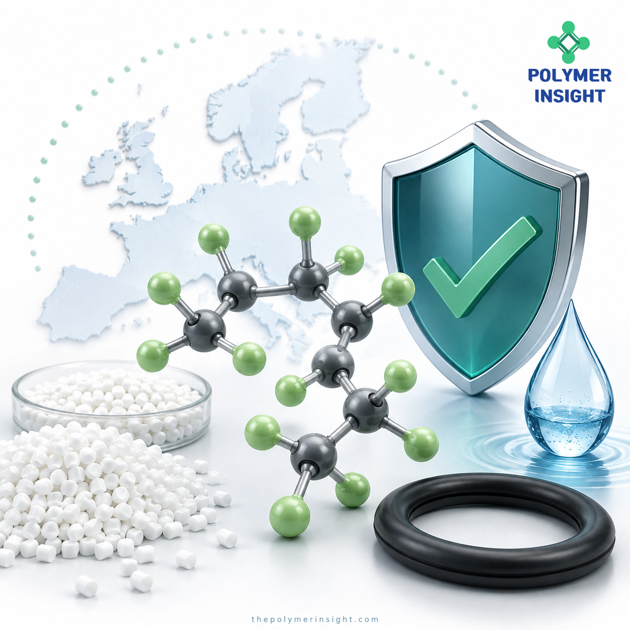 불소 분자구조와 PTFE&middot;PVDF 펠릿, FKM 씰 및 유럽 환경규제를 표현한 PFAS 대표 이미지