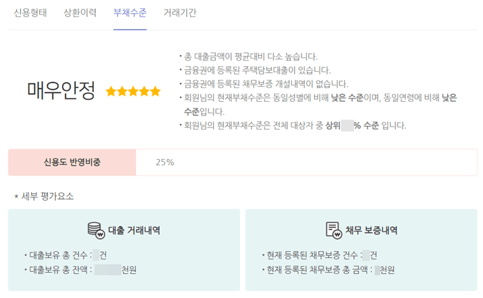 주요 평가요소 4가지 중 부채수준에 대한 신용평가 결과 정보