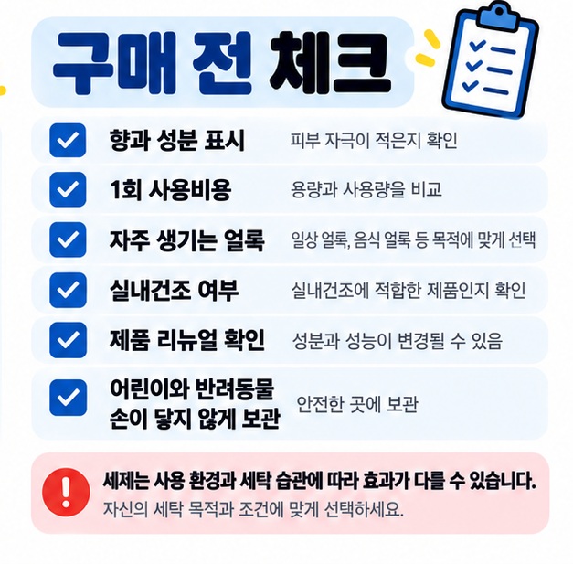 액체세제 선택 시 향과 성분 표시, 1회 사용비용, 얼룩 종류, 제품 리뉴얼 여부, 안전한 보관을 확인하도록 정리한 카드