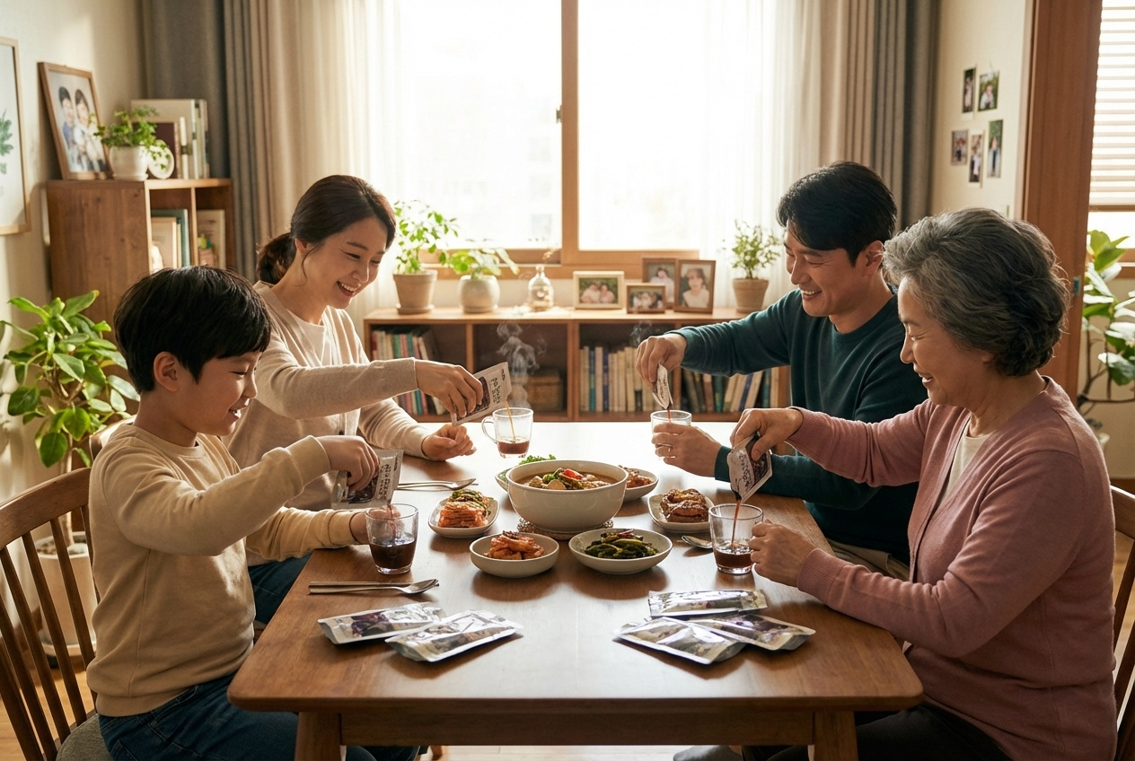 가족이 식탁에 둘러앉아 도라지 진액을 함께 잔에 따라 나누어 마시는 장면, 한국 가족