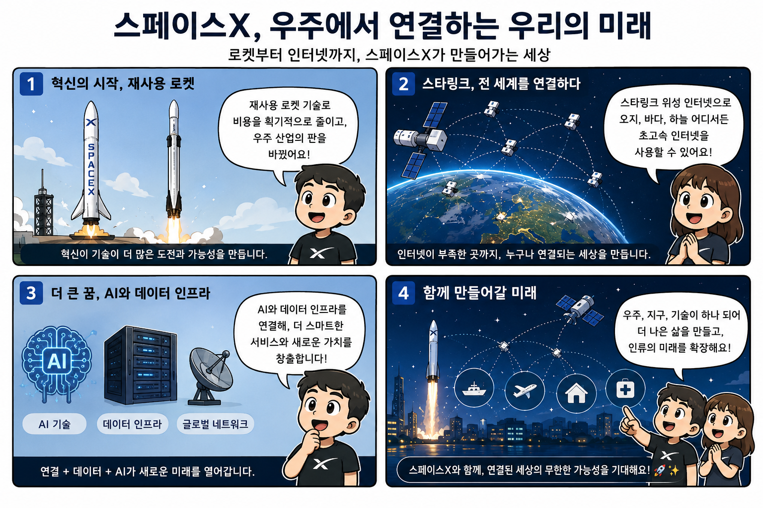 스페이스X의 재사용 로켓, 스타링크, AI 인프라, 미래 플랫폼 비전을 4컷 만화 형식으로 쉽게 설명한 요약 이미지