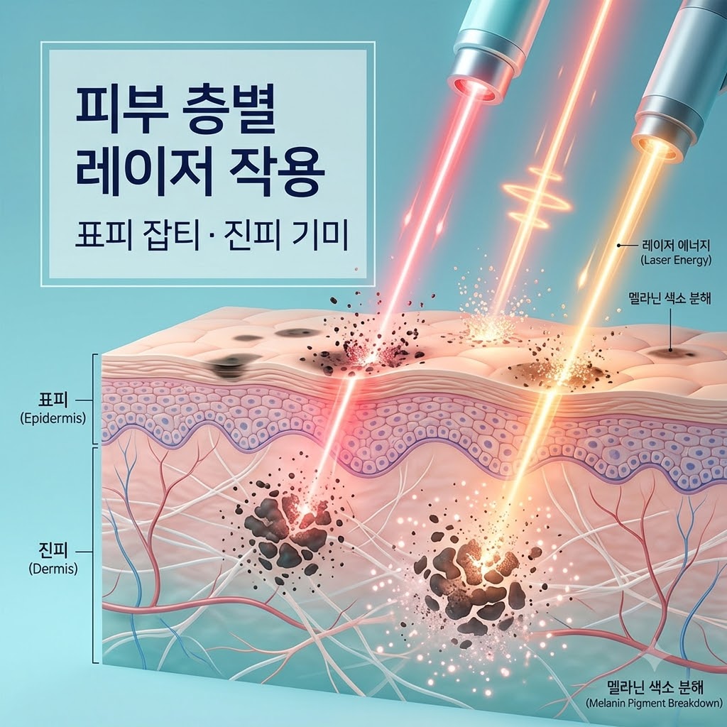 레이저 에너지 파장이 피부 표피층과 진피층에 작용하여 색소 침착을 분해하는 작동 원리를 시각화한 모식도