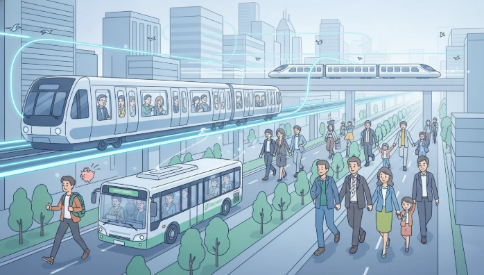 모두의 카드를 사용하는 다양한 연령대의 사람들이 지하철, 버스, GTX 등 대중교통을 편리하게 이용하며 교통비 부담 없이 이동하는 활기찬 도시 풍경. 미래지향적인 블루-그레이 톤으로 표현된 대중교통의 자유로움과 효율성.