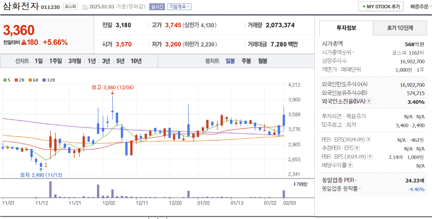 희토류 관련주 대장주 삼화전자 일봉 차트