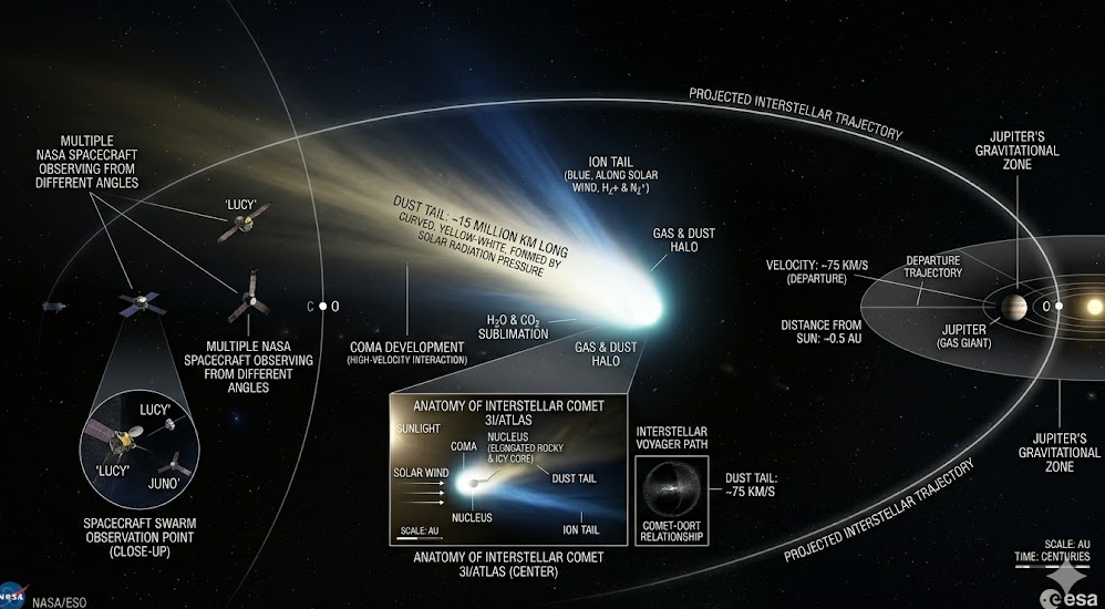 성간혜성 3I/ATLAS가 태양계 내부를 고속으로 통과하며 코마와 먼지 꼬리를 형성하는 허블 우주망원경 관측 이미지