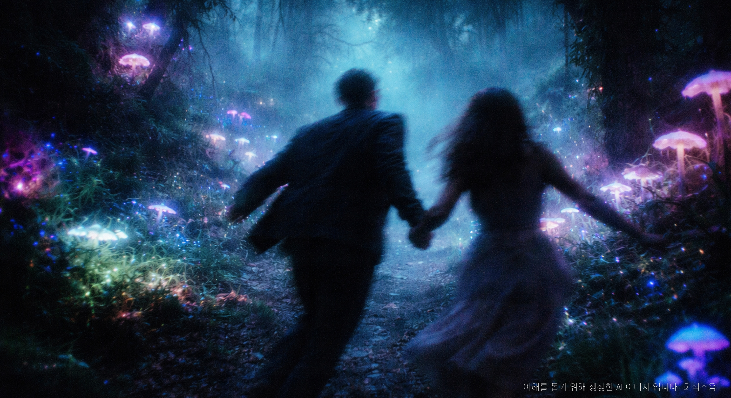 밤의 숲 속에서 푸른빛과 보랏빛으로 빛나는 식물들 사이를 인물들의 실루엣이 혼란스럽게 달려가는, 몽환적이면서도 불안한 분위기의 장면.