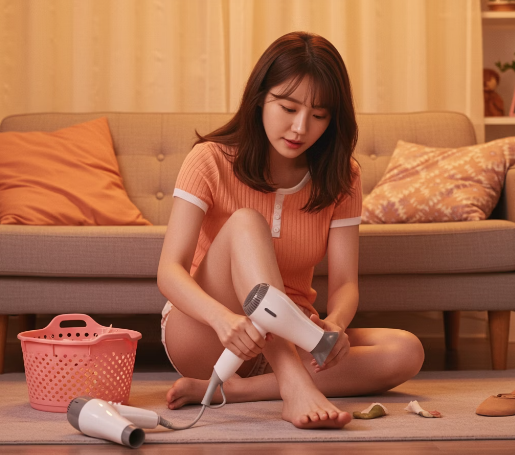 라미실원스 바르기 전 드라이로 발바닥을 말리는 모습 3