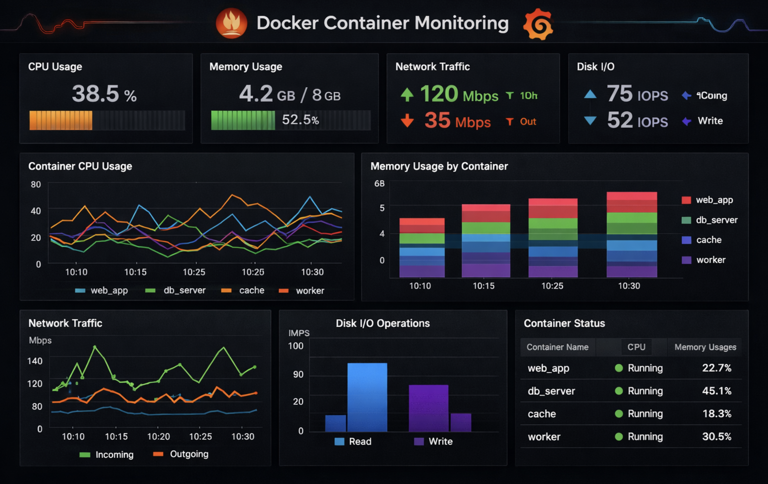 Prometheus + Grafana로 생성된 Docker Container서비스 모니터링 대시보드 예시