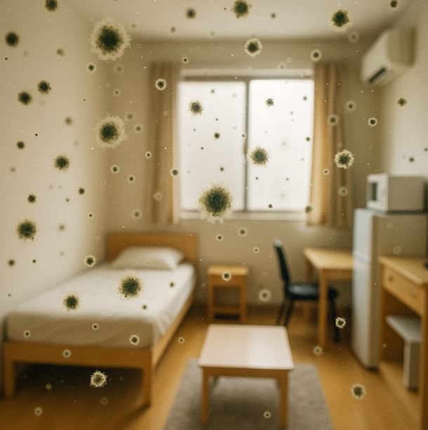 원룸 방의 공기중에 곰팡이 균이 떠다니는 모습