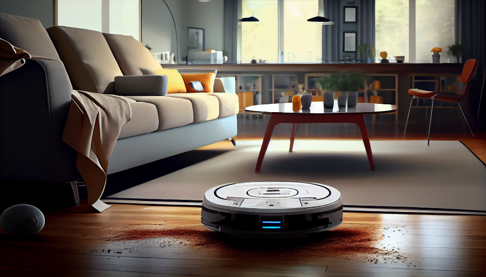 거실에서 로봇청소기가 청소를 하고 있는 모습 이미지