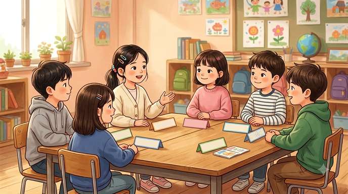 모둠에서 의견을 나누는 아이들