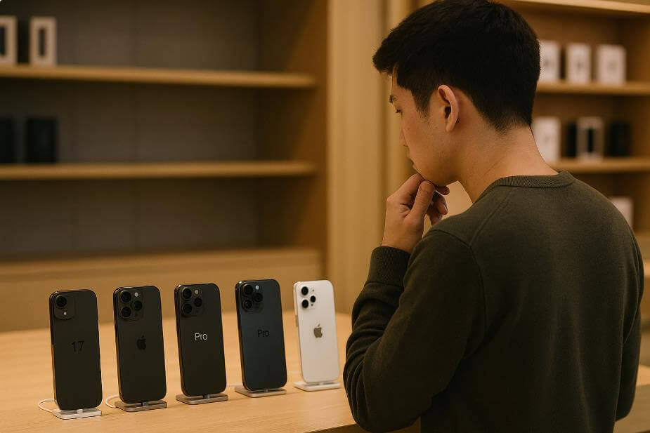 아이폰 매장에서 4개 모델을 비교하며 고민하는 남성