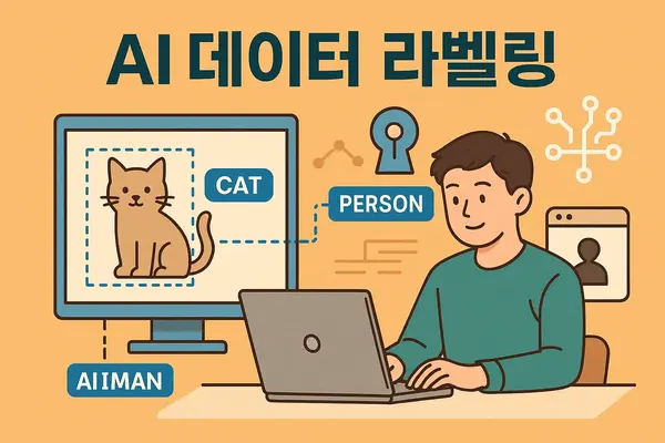 AI 데이터 라벨링 작업을 하는 사람과 이미지에 라벨이 표시된 컴퓨터 화면을 묘사한 일러스트 &ndash; 인공지능 학습용 데이터 가공과 라벨링 프로세스를 상징.