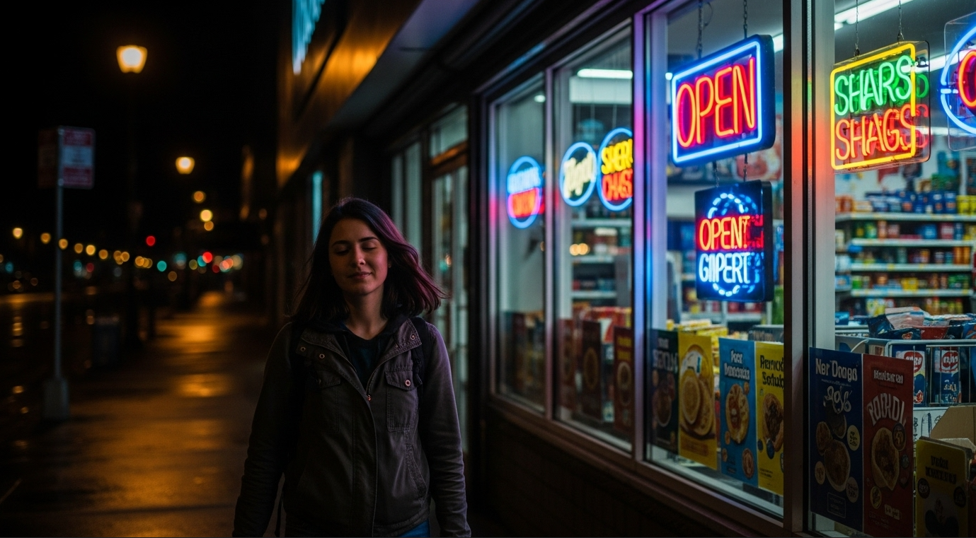 밤에 한 여자가 환하게 켜진 편의점을 지나가고 있다