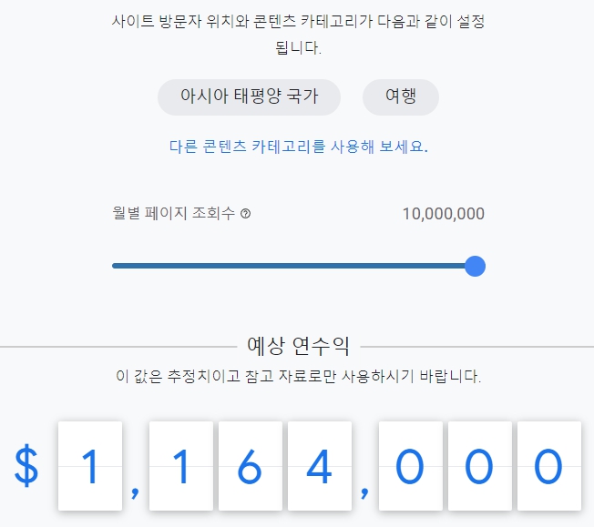 여행 콘텐츠 구글 애드센스 예상 연 수익