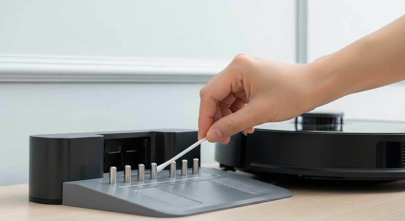 로봇청소기 충전 스테이션의 단자를 면봉으로 깨끗하게 닦는 손의 모습. 충전 불량을 예방하는 관리.