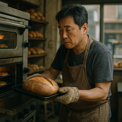 동네 빵집에서 오븐에 빵을 굽는 한국인 제빵사