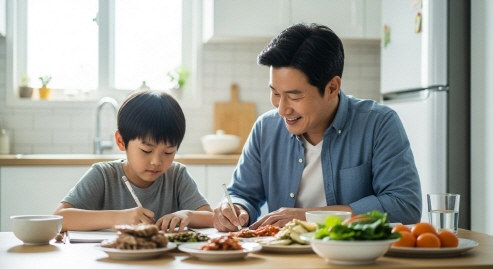 식탁에서 숙제 도와주는 아빠