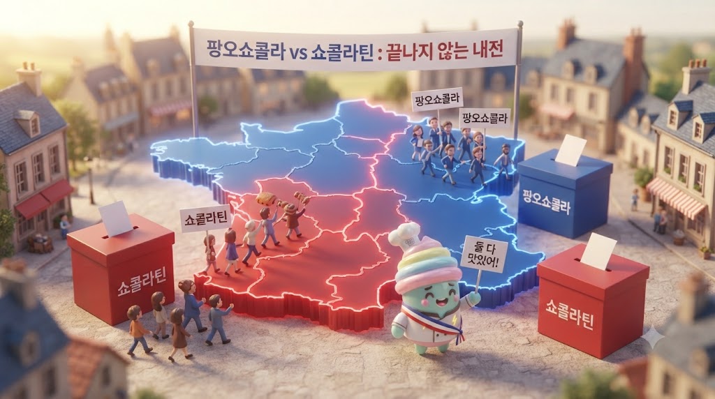 프랑스 지도를 배경으로 한 거대한 투표함 앞에서 3D 쫀쿠가 난처한 표정을 짓고 있습니다. 지도 왼쪽(북부&middot;중부) 지역에서는 파란색 깃발을 든 사람들이 '팡오쇼콜라(Pain au Chocolat)' 투표함에 표를 넣고 있고, 오른쪽(남서부) 지역에서는 빨간색 깃발을 든 사람들이 '쇼콜라틴(Chocolatine)' 투표함에 표를 던지고 있습니다. 쫀쿠가 두 투표함 사이에서 땀을 뻘뻘 흘리며 "이름이 뭐든 다 맛있어!"라고 적힌 중재 팻말을 들고 있습니다.