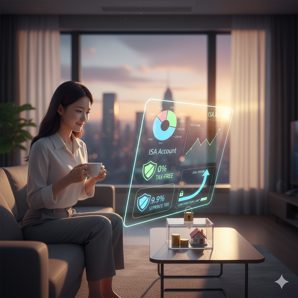 거실 소파에 앉아 석양을 배경으로 차를 마시는 여성이 앞에 떠 있는 투명한 홀로그램 디스플레이를 바라보고 있어요. 디스플레이에는 ISA 계좌의 비과세 0%와 분리과세 9.9% 혜택, 납입 한도, 그리고 자산 그래프가 표시되어 있어요. 개인적인 공간에서 자산 관리를 하는 모습을 표현해요.