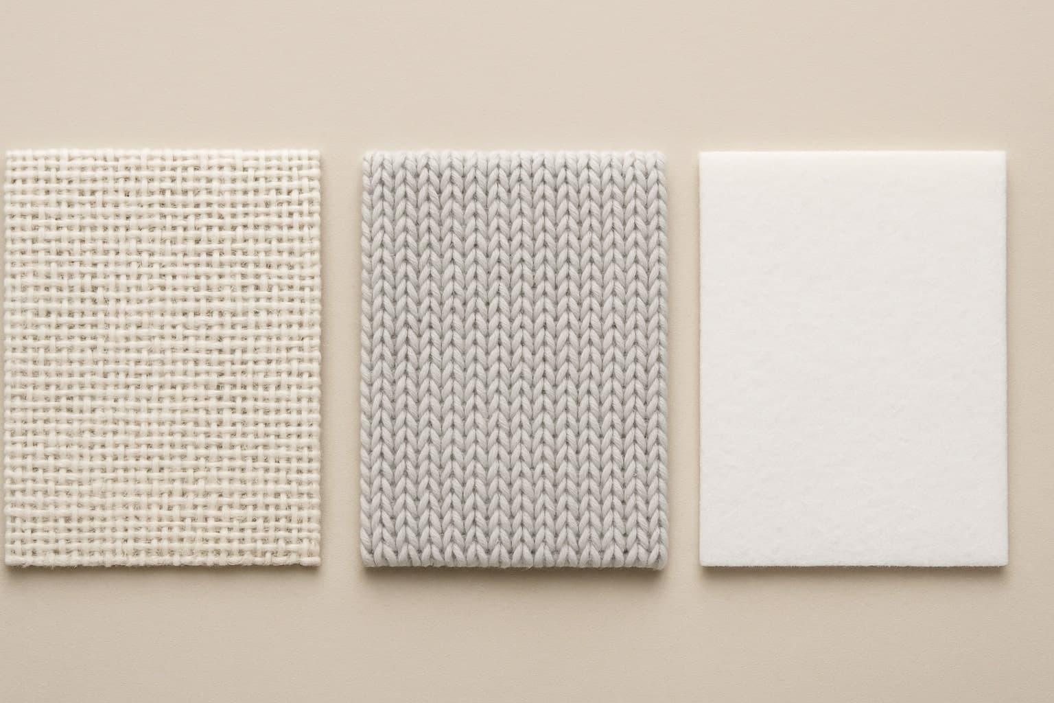 직물, 편물, 부직포 원단 샘플이 나란히 배열