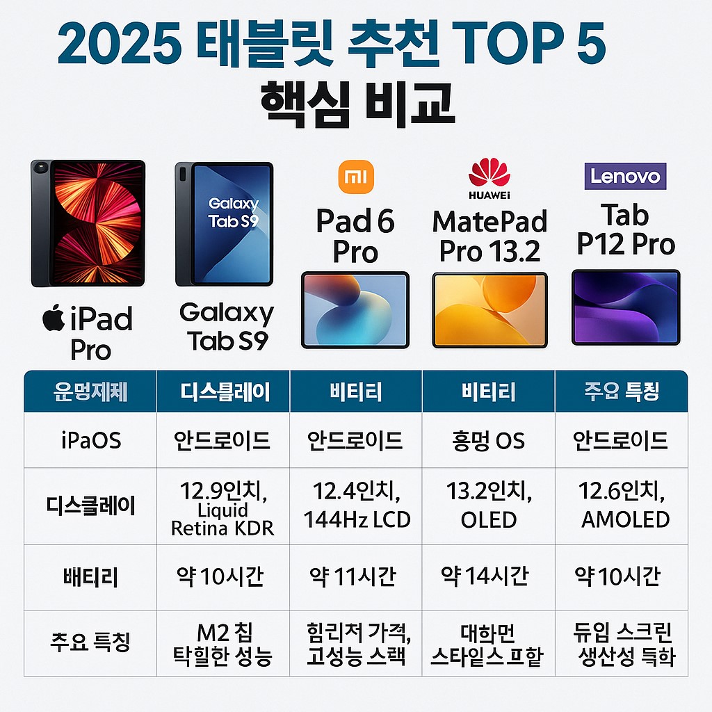 2025 태블릿 추천 TOP 5 핵심 비교 인포그래픽(아이패드·갤럭시탭·샤오미·화웨이·레노버)