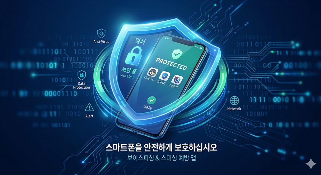 방패 모양의 아이콘이 스마트폰을 감싸며 보호하고 있는 보안 컨셉의 그래픽 디자인.