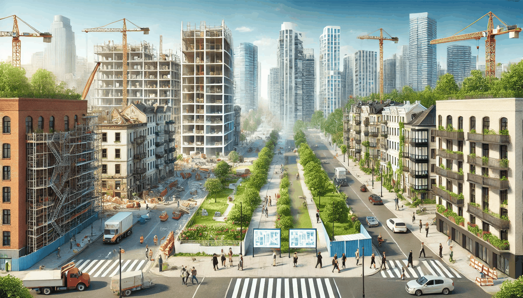 도심 속에서 낡은 아파트가 철거되고 현대적인 고층 아파트가 새로 지어지는 재건축·재개발 현장 이미지