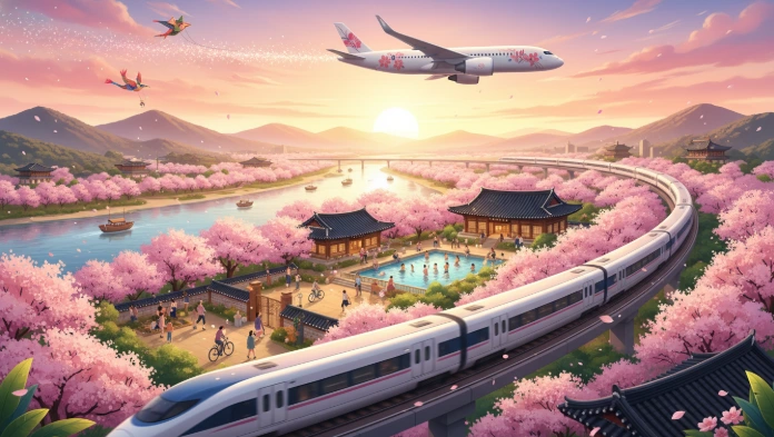 봄 풍경을 배경으로 고속열차, 비행기, 리조트가 어우러진 한국 여행 혜택을 상징하는 밝고 활기찬 일러스트레이션