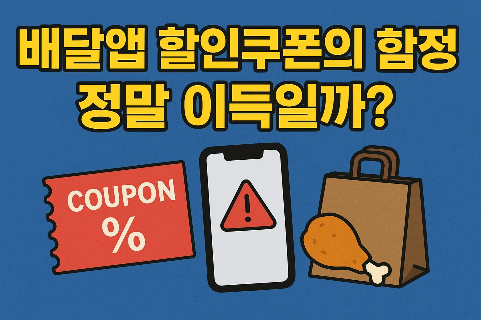 배달앱 할인쿠폰의 함정을 경고하는 인포그래픽. 빨간 쿠폰, 경고 표시 스마트폰, 그리고 치킨 포장봉투 이미지가 포함된 그래픽