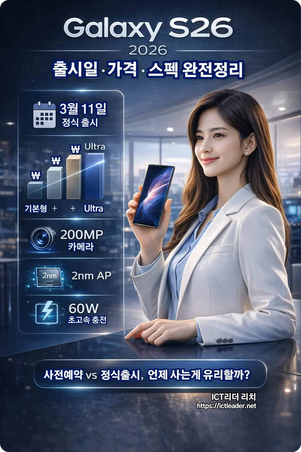 갤럭시S26 출시일과 가격, 200MP 카메라&middot;2nm AP&middot;60W 충전 스펙을 한눈에 정리한 2026 플래그십 스마트폰 인포그래픽 이미지