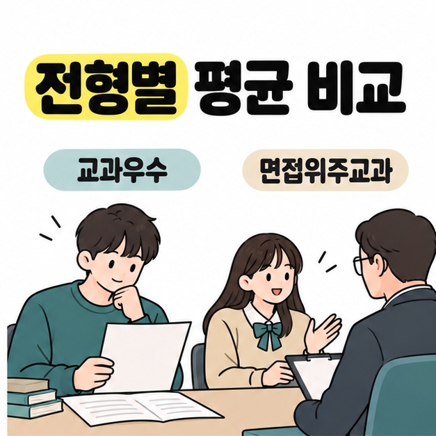 전형별 평균 비교 제목 아래에 교과우수 자료를 읽는 학생과 면접위주교과 면접관에게 답하는 학생의 장면이 나란히 있다.