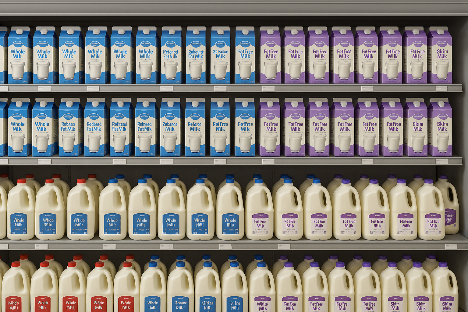 마트 냉장고에 진열된 우유들