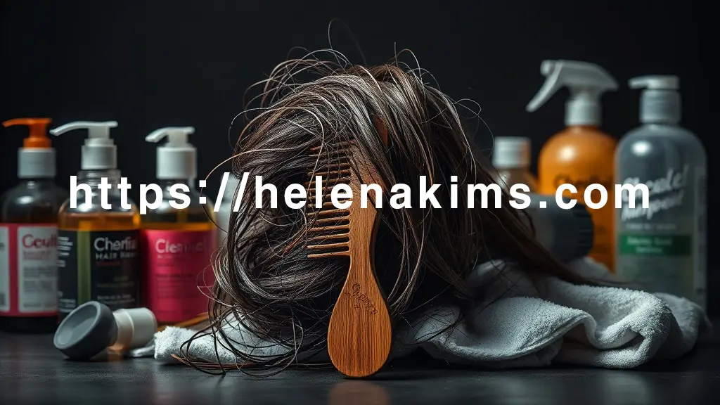 어둡고 대비되는 조명 아래, 두피 위에서 과하게 비틀려 끊어진 머리카락이 얽힌 빗, 그리고 두피에 자극을 주는 화학 성분 헤어 제품 병들이 놓여 있다.