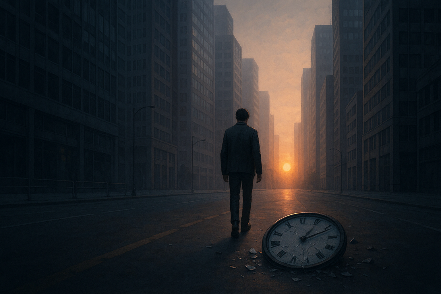 어두운 새벽의 도시 한가운데, 깨진 시계 앞을 고요히 걸어가는 남자의 실루엣. 빌딩 숲 사이로 희미한 새벽빛이 스며드는 장면으로, 방향을 잃은 노력과 성찰의 여정을 상징적으로 표현한 감성 일러스트.”