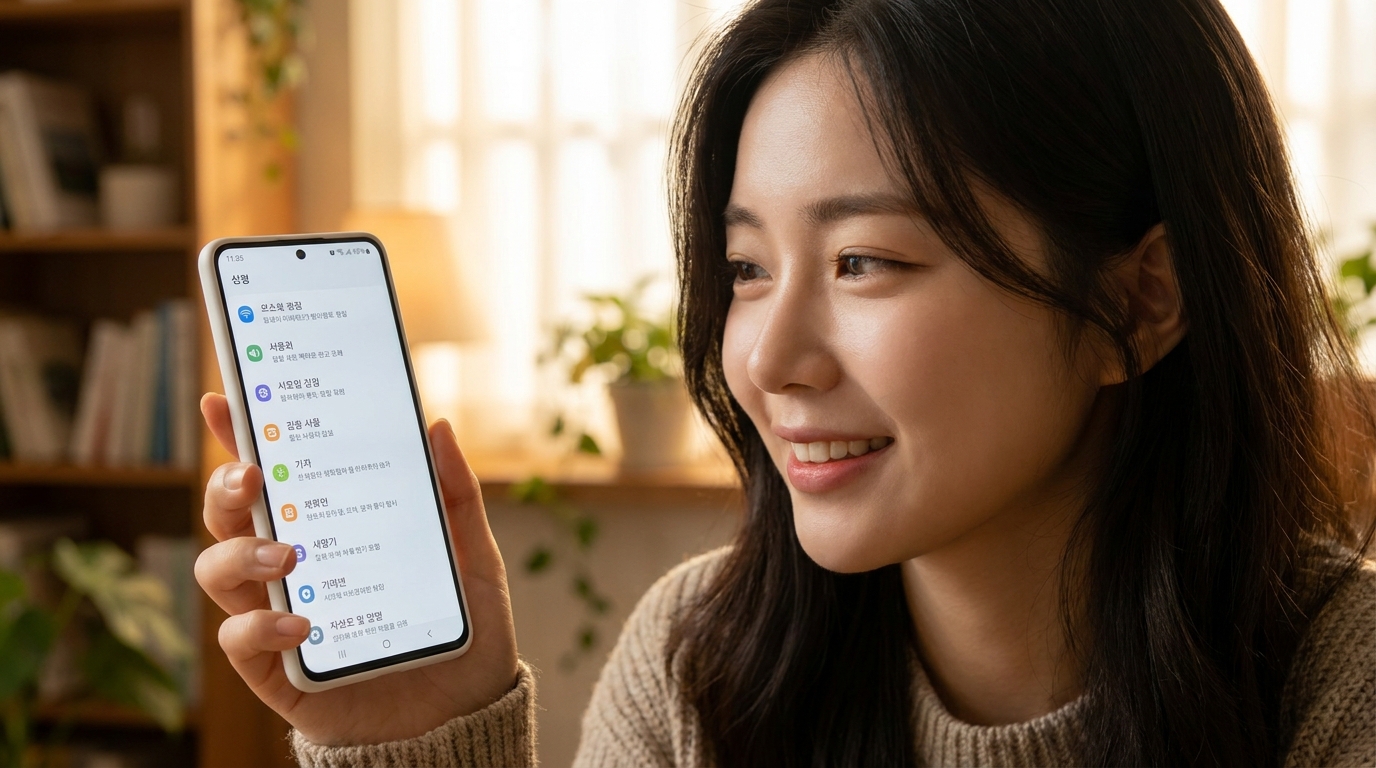 스마트폰 화면의 숨겨진 데이터 절약 설정 메뉴를 미소 지으며 살펴보는 청순한 한국인 여성