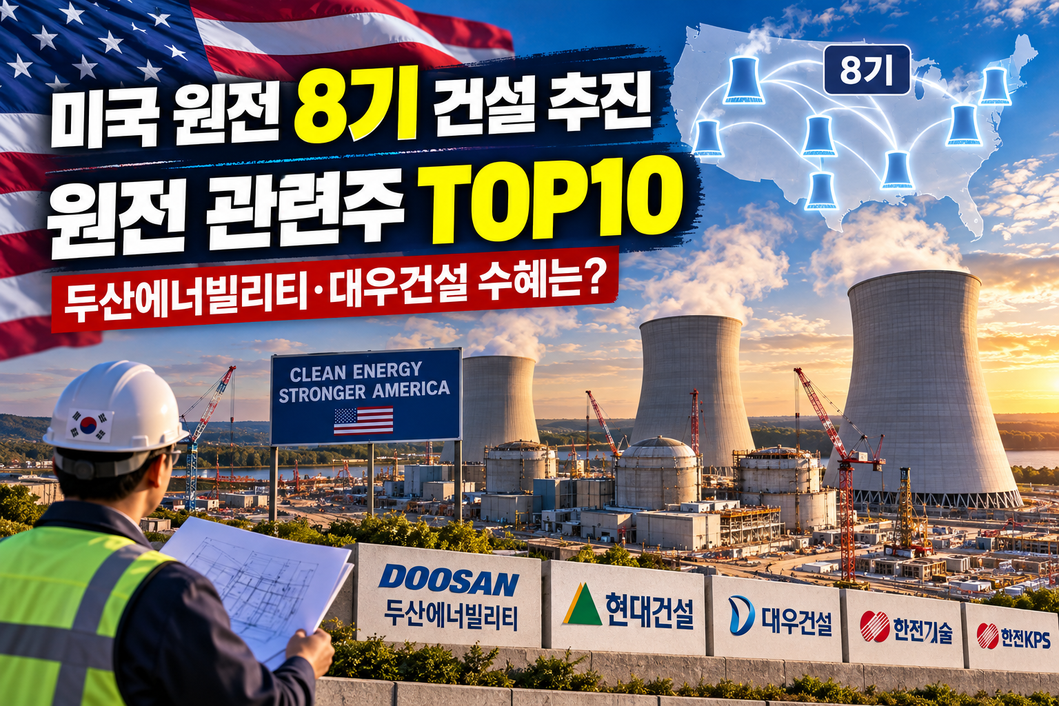 원전 관련주 TOP10 미국 원전 8기 건설 추진과 두산에너빌리티 대우건설 등 한국 원전 기업 수혜 전망