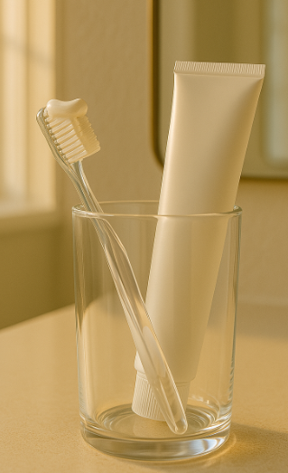 치약과 칫솔이 유리잔에 같이 들어 있는 모습